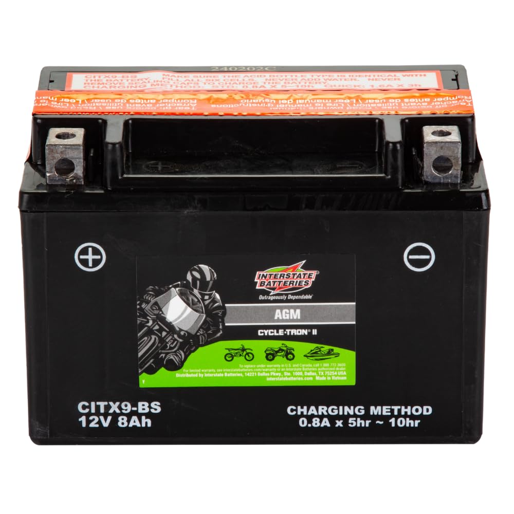Interstate Batteries Ytx9-Bs 12V 8Ah Powersports Battery 130Cca Agm Rechargeable Replacement For Bmw, Honda, Kawasaki Motorcycle