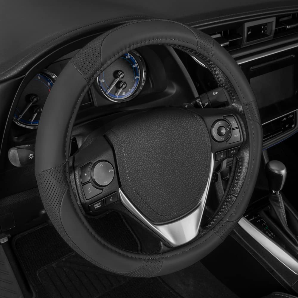 Motor Trend Black Soft Touch Steering Wheel Cover - Perforated Microfiber Leather with Classic Stitching for Sizes 14.5 to 15 in