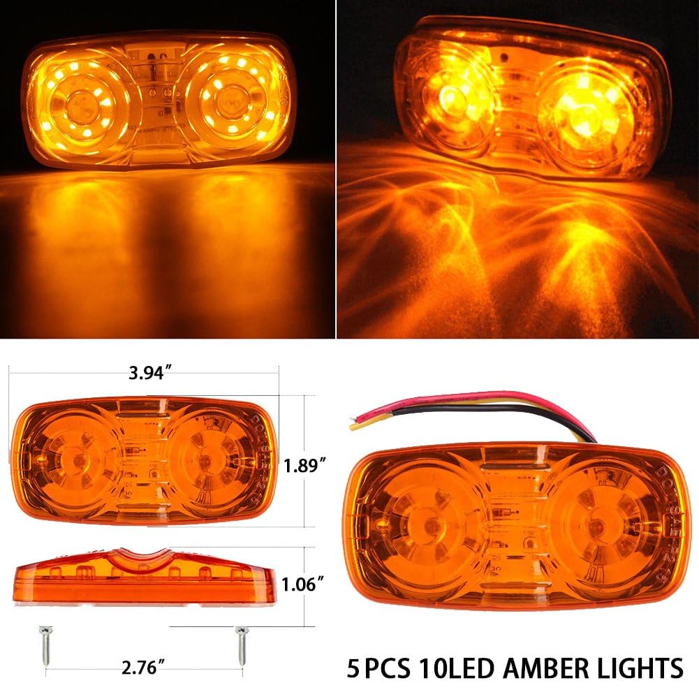 New Sun 5 Pcs Trailer Rv Marker Led Light, Bullseye/Tiger Eye/Double Bubble Clearance Light,10 Red Leds, 12V 4X2 Rectangular Led