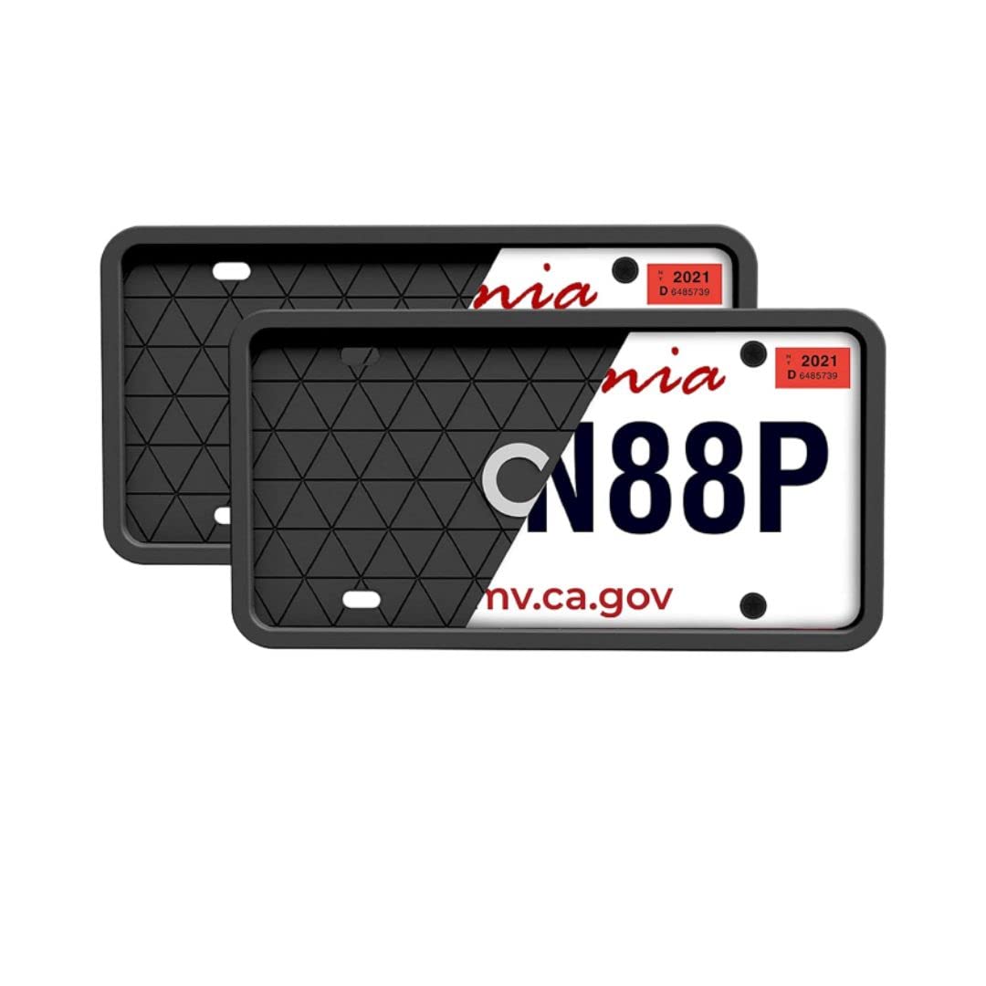 Car Accessories Black Silicone License Plate Frame - Protects From Scratches | No-Rattle Fit Silicone Cover For U.S. Plates - Front & Back License Plate Holder With Custom Mounting Kit 2 Pair