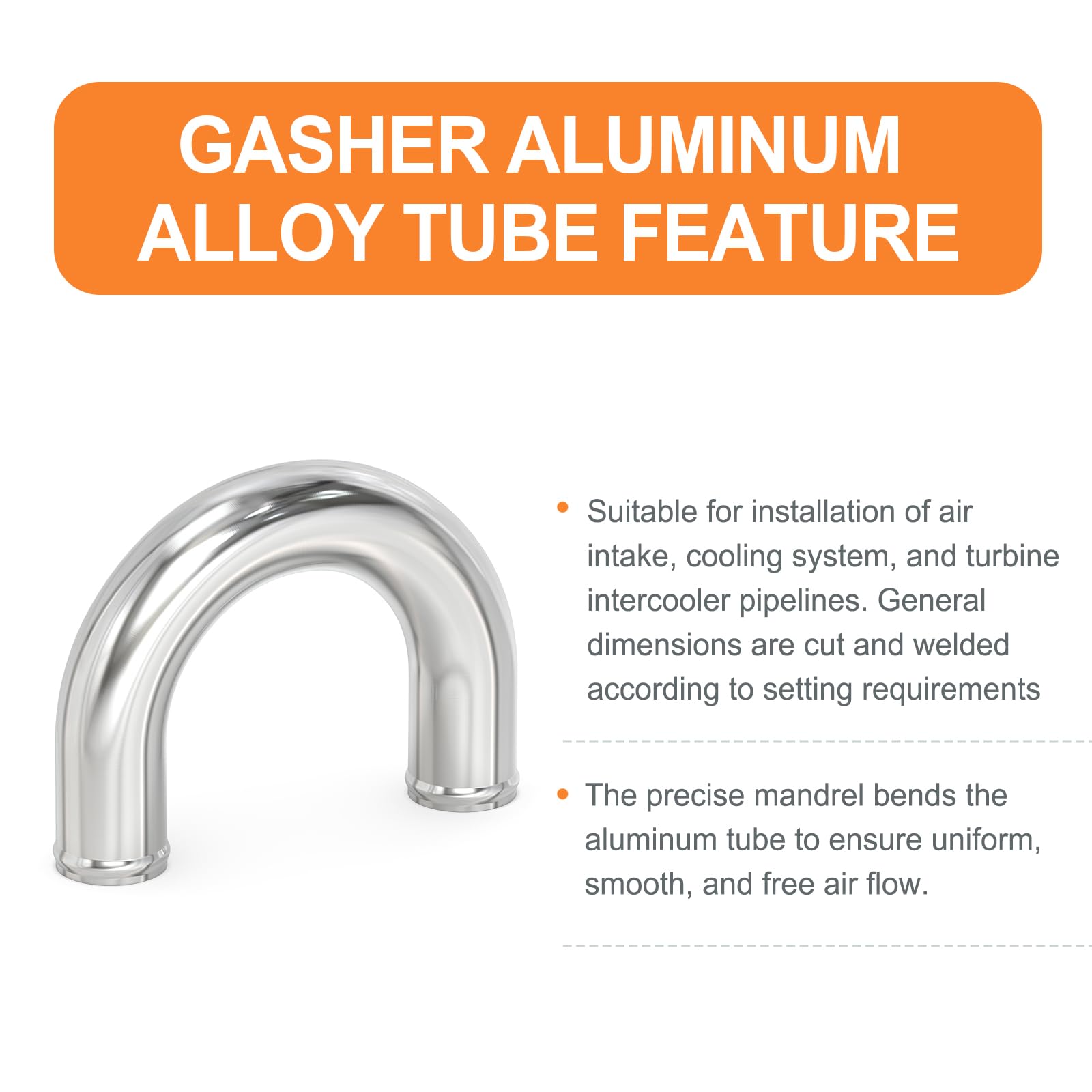 Gasher 1Pcs Intercooler Pipe Aluminum 180 Degree Elbow Alloy Tube 2.5''Od, End To End Lenght 20'' (500Mm) With Bead Roll, For In