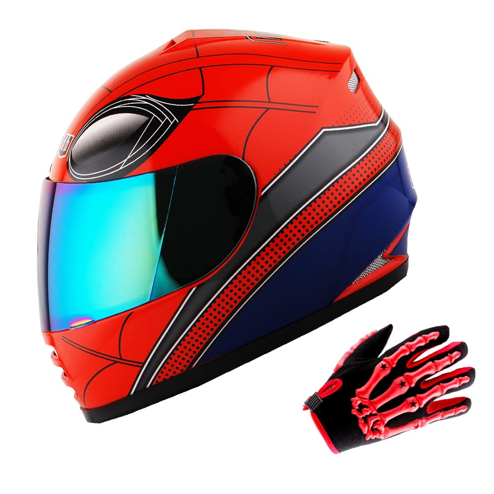Wow Youth Motorcycle Full Face Helmet Street Bike Bmx Mx Kids Spider Red + Mx Skeleton Glove Bundle
