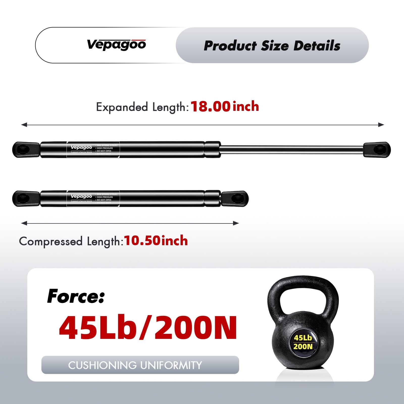 Vepagoo Se180P45 18 Inch 45Lb/200N Gas Strut Shock Spring Lift Support For Leer Are Atc Camper Topper Rear Window Truck Cap Camp