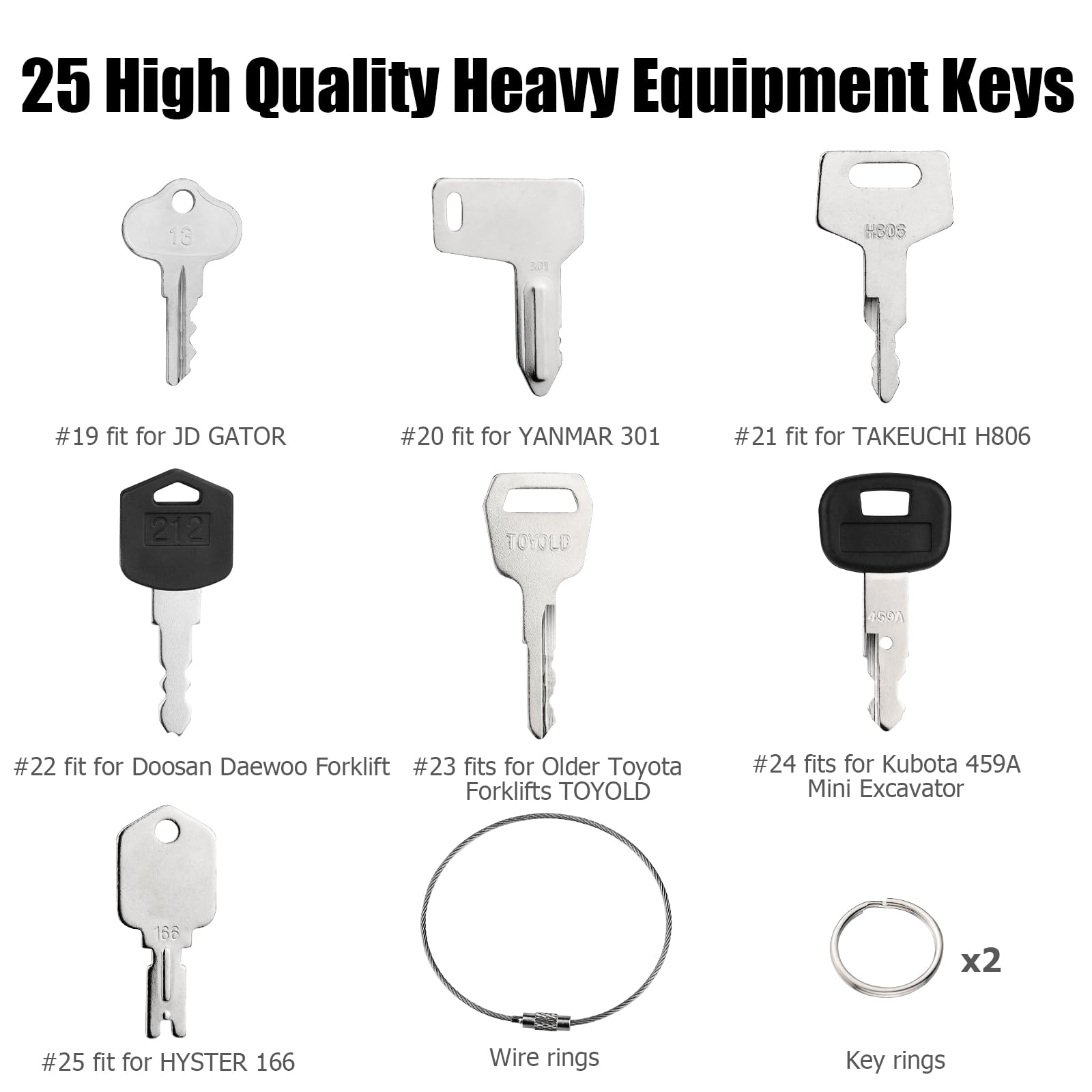 Tecreddy 25 Heavy Equipment Keys Set - Master Key for Cat, John Deere, Bobcat, JLG, Komatsu - Black Construction Equipment Accessory