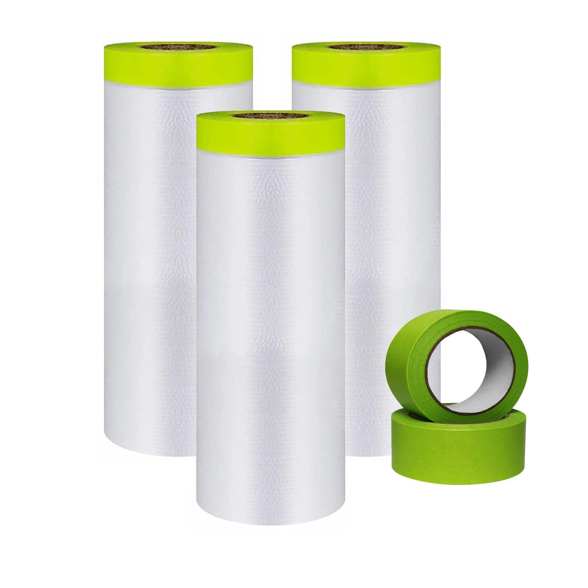 Yunxihui Painters Plastic With Tape, Tape And Drape, 3 Rolls Automotive Painters Tape And Plastic Film, Paint Plastic Covering Roll For Covering Skirting, Frames, Cars And Auto Body (55In X 65-Feet)