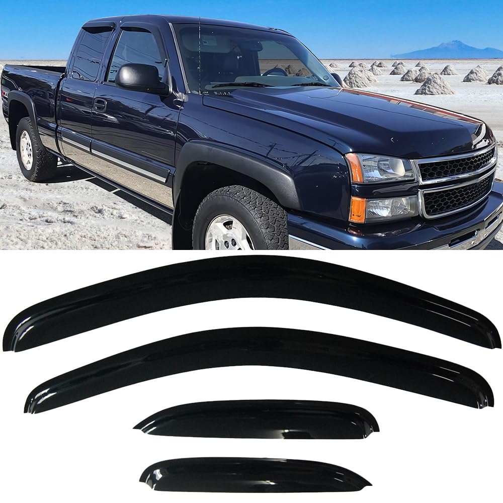 Ikon Motorsports Tape On External Window Visor, Compatible With 2008-2013 Silverado Sierra Extended Cab, Slim Style Acrylic Smok