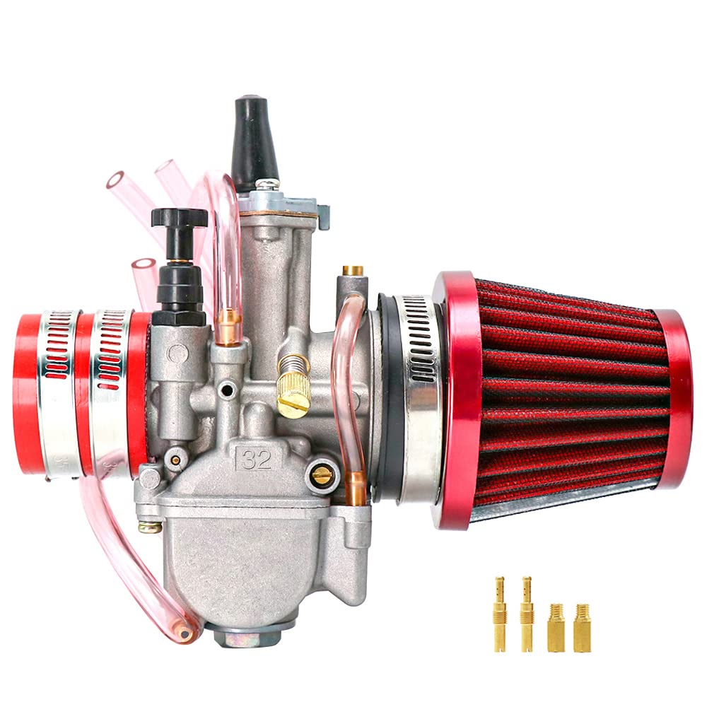 Carburetor Carb With Intake Manifold Air Filter Spare Main Jet Kit Universal Suitable For 2T/4T Scooter Motorbike Motorcycle Mped Speedboat Atv Utv Go Kart Accessories (P-W-K 21-34Mm) (32Mm, Red)
