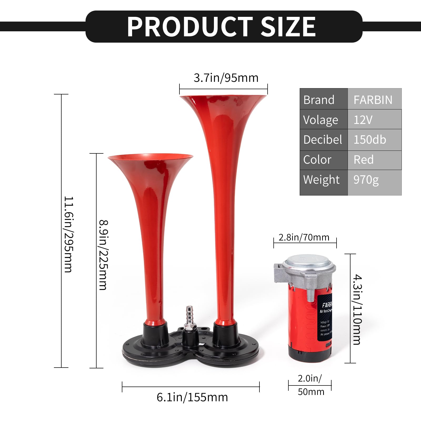 Farbin Train Horn For Car Super Loud Air Horn 12V 150Db Dual Trumpet Truck Horns Kit With Compressor And Button For Any Vehicles