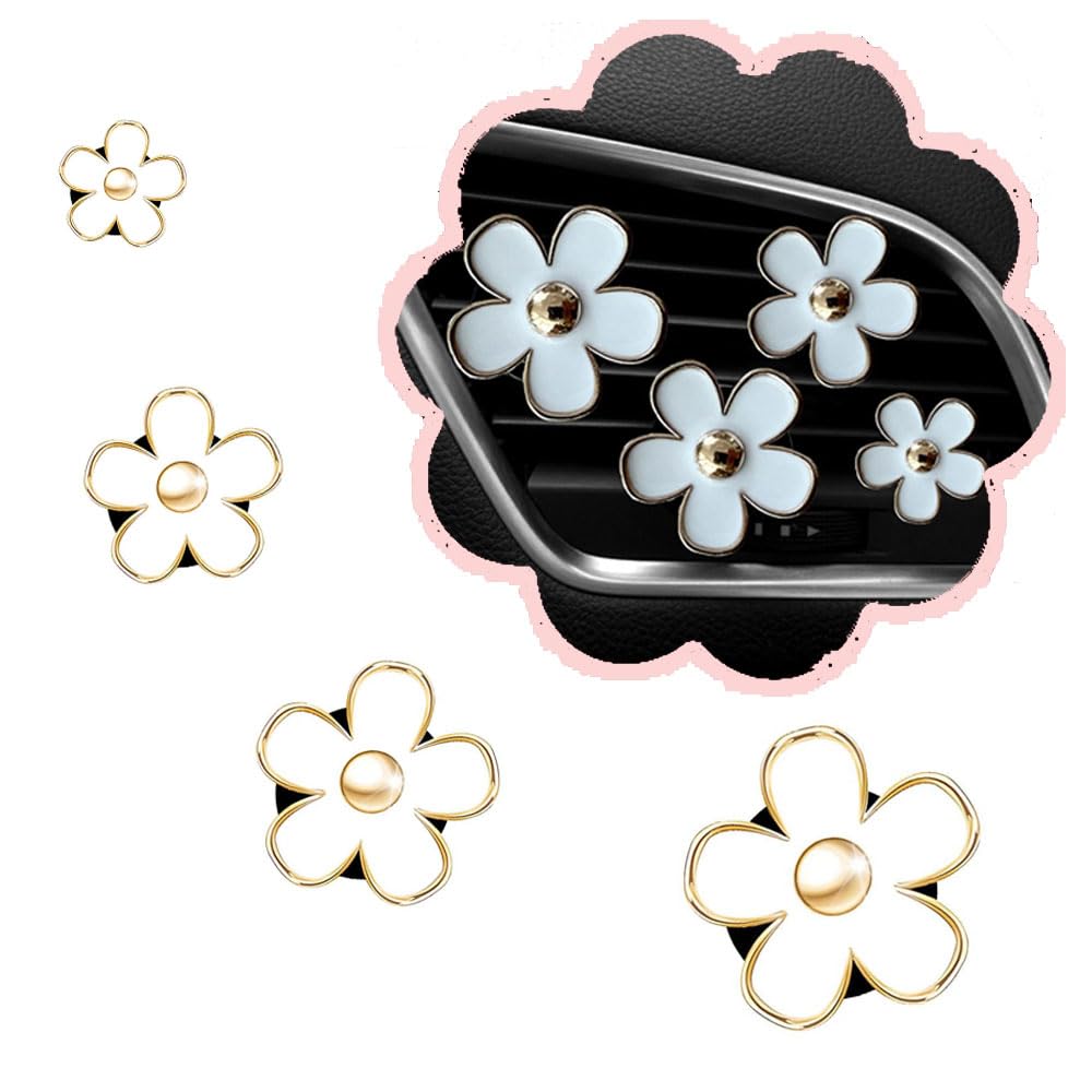 Daisy Car Decoration Flower Air Vent Clip Air Conditioning Outlet Clip (4PCS-White-No Scent)