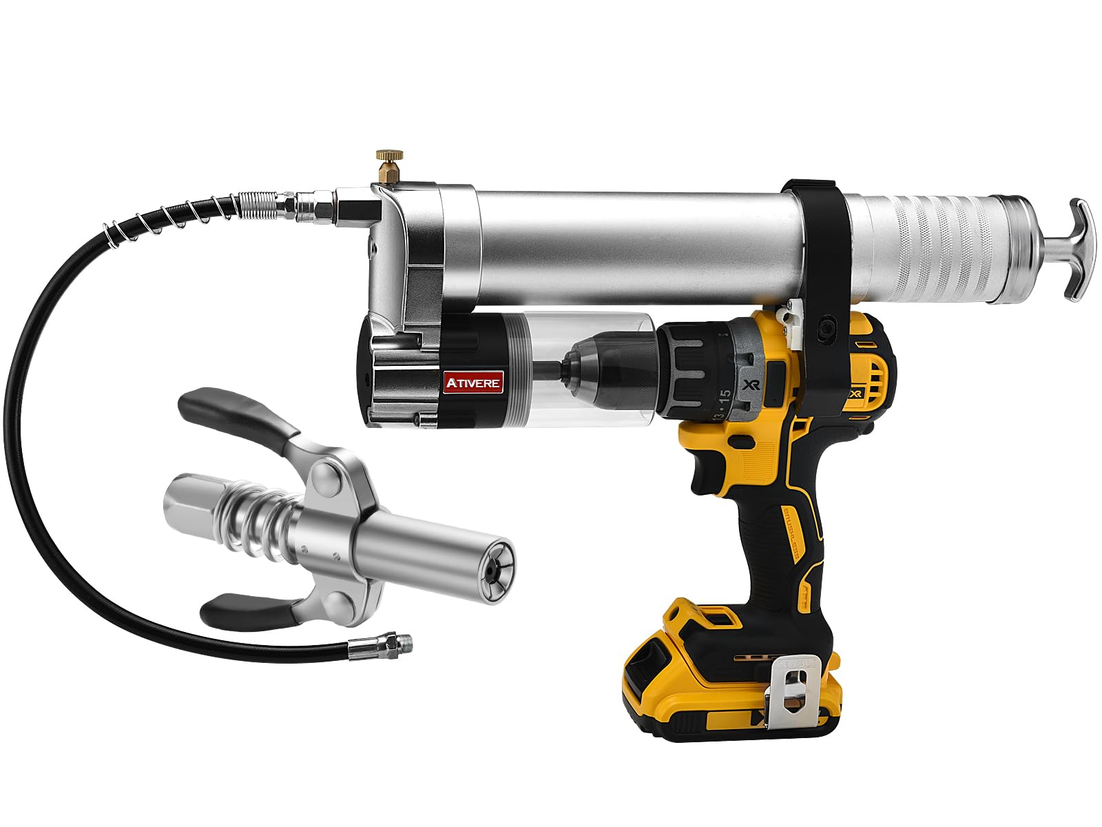 Ativere Electric Grease Gun Drill Adapter With 14 Oz Load, Locking Grease Gun Coupler, 12 Inch High Pressure Hose, Extension Rig
