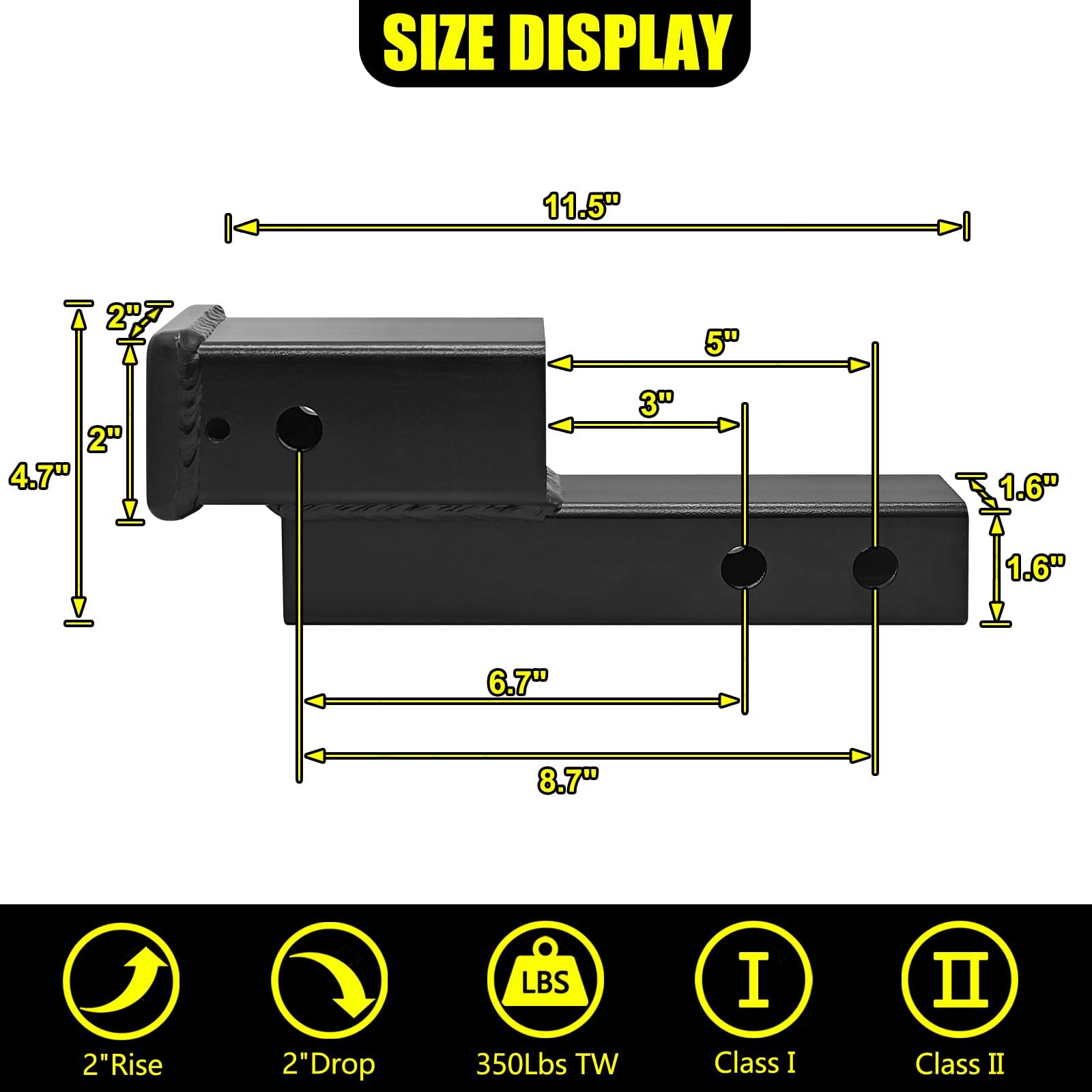 Kairay Trailer Receiver Hitch Riser Extender Adapter 2'' Drop/Riser, 7'' And 9'' Extension Length, 2'' Shank, 7500Lbs Towing Cap