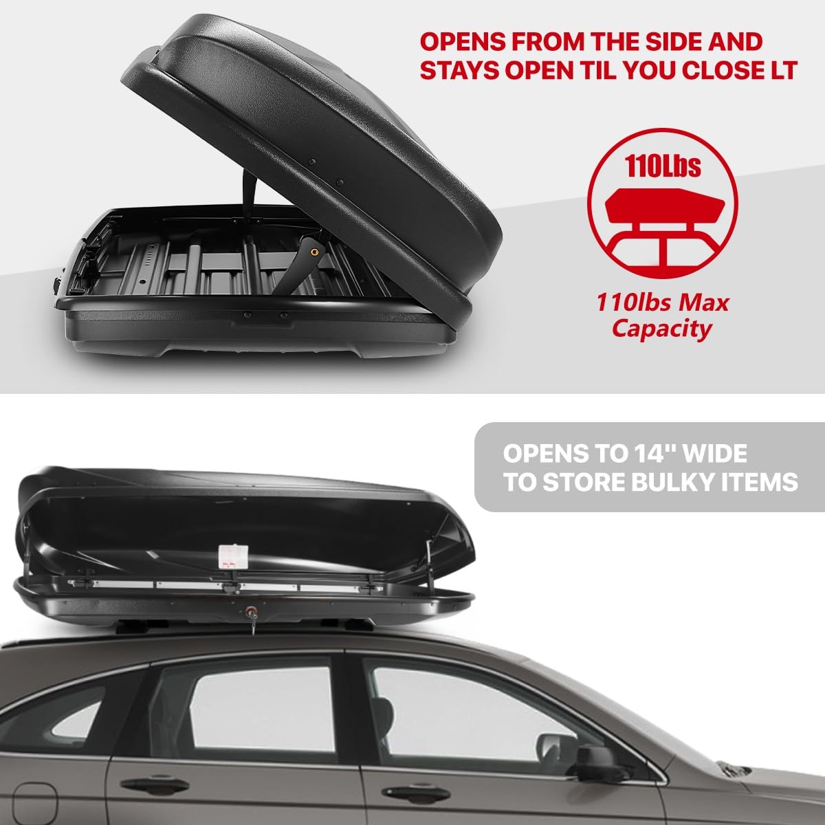 DNA MOTORING Rooftop Cargo Lock Box Carrier Lockable Heavy Duty Car Top Storage Case, Capacity 110 Lbs, 72'' x 30'' x 12'' (L x