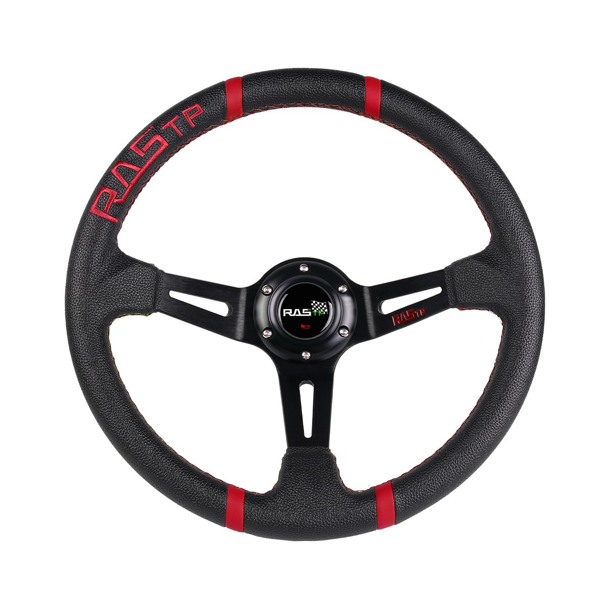 RASTP Universal Racing Steering Wheel,Deep Dish Steering Wheel Leather Embroidery 13.58”/345mm 6 Bolts with Horn Button Include Cable, Wrench,Black