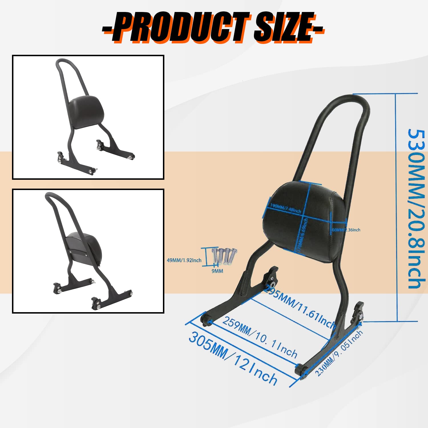 Ecotric Motorcycle Black Detachable Adjustable Steel Sissy Bar And Passenger Backrest Pad Compatible With 2006-2017 Harley Fatbo