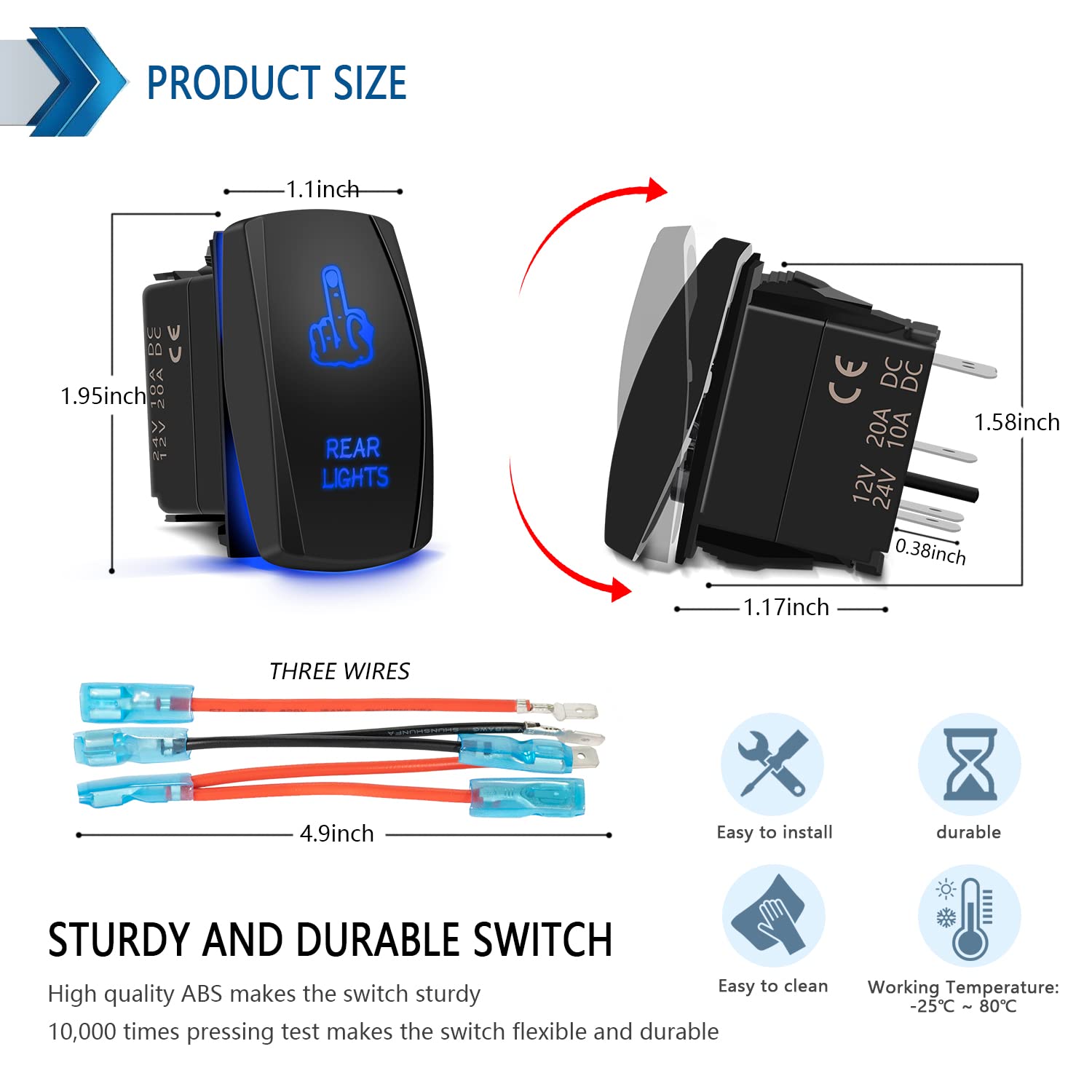 Fabood F Waterproof 5 Pin Rear Lights Rocker Switch Laser Finger Spst On/Off Two Led Backlit Blue Light 20A 12V For Auto Automot