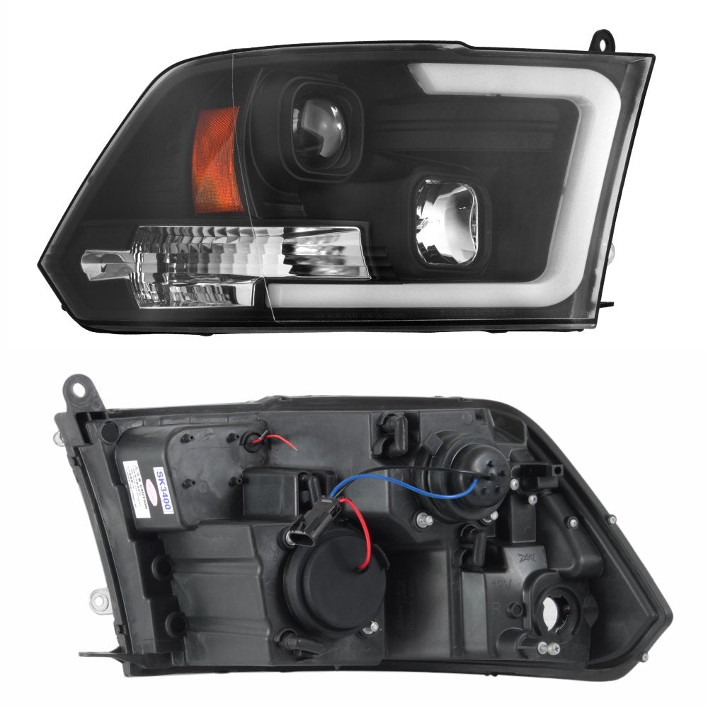 Akkon - For 2009-2018 Dodge Ram 1500 2500 3500 Truck Led Tube Black Projector Headlights Left+Right Replacement