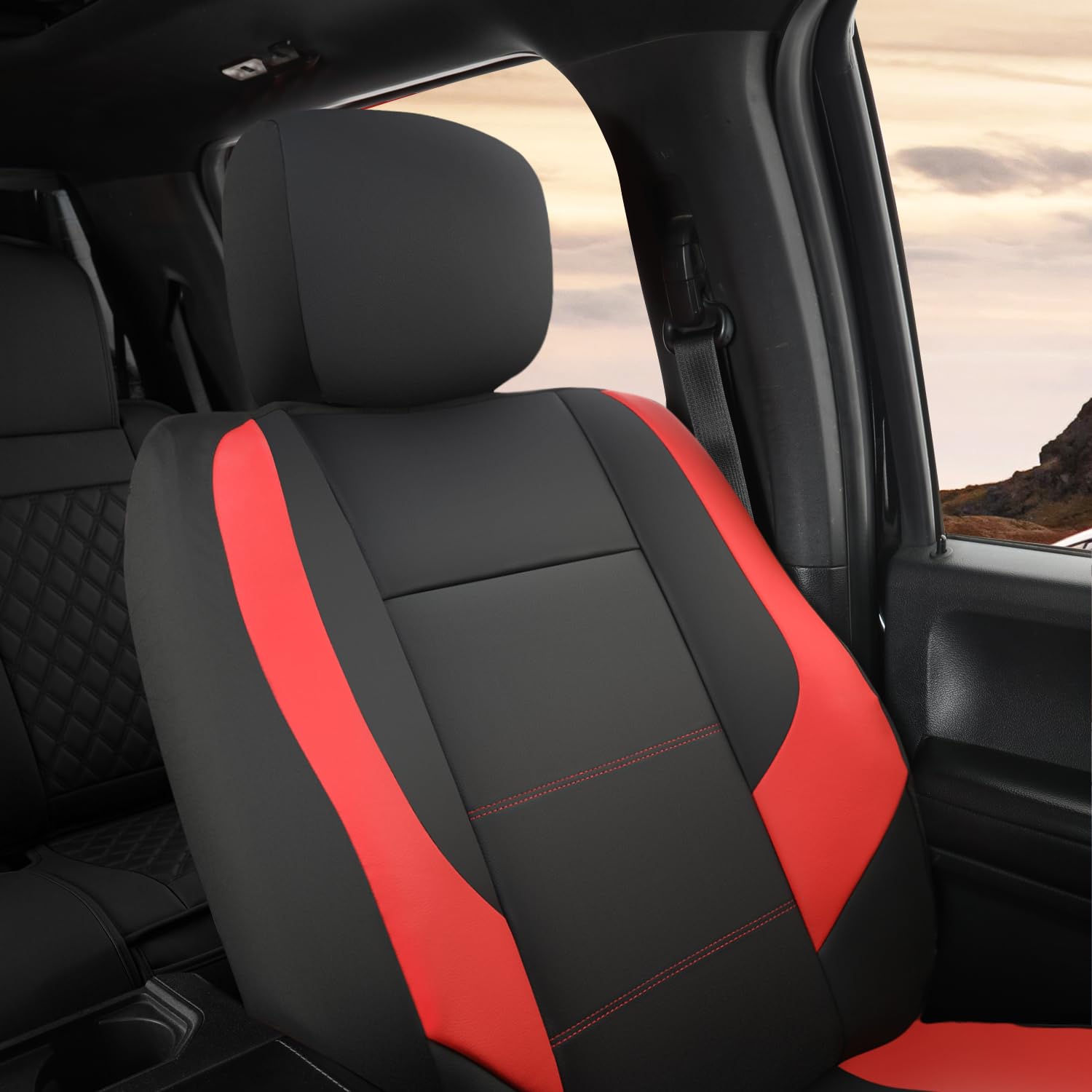 Giant Panda Front Car Seat Cover For Ford F150, Leather Bucket Seat Covers Custom Fit Ford F250 F350 (Red+Black) 2-Pack