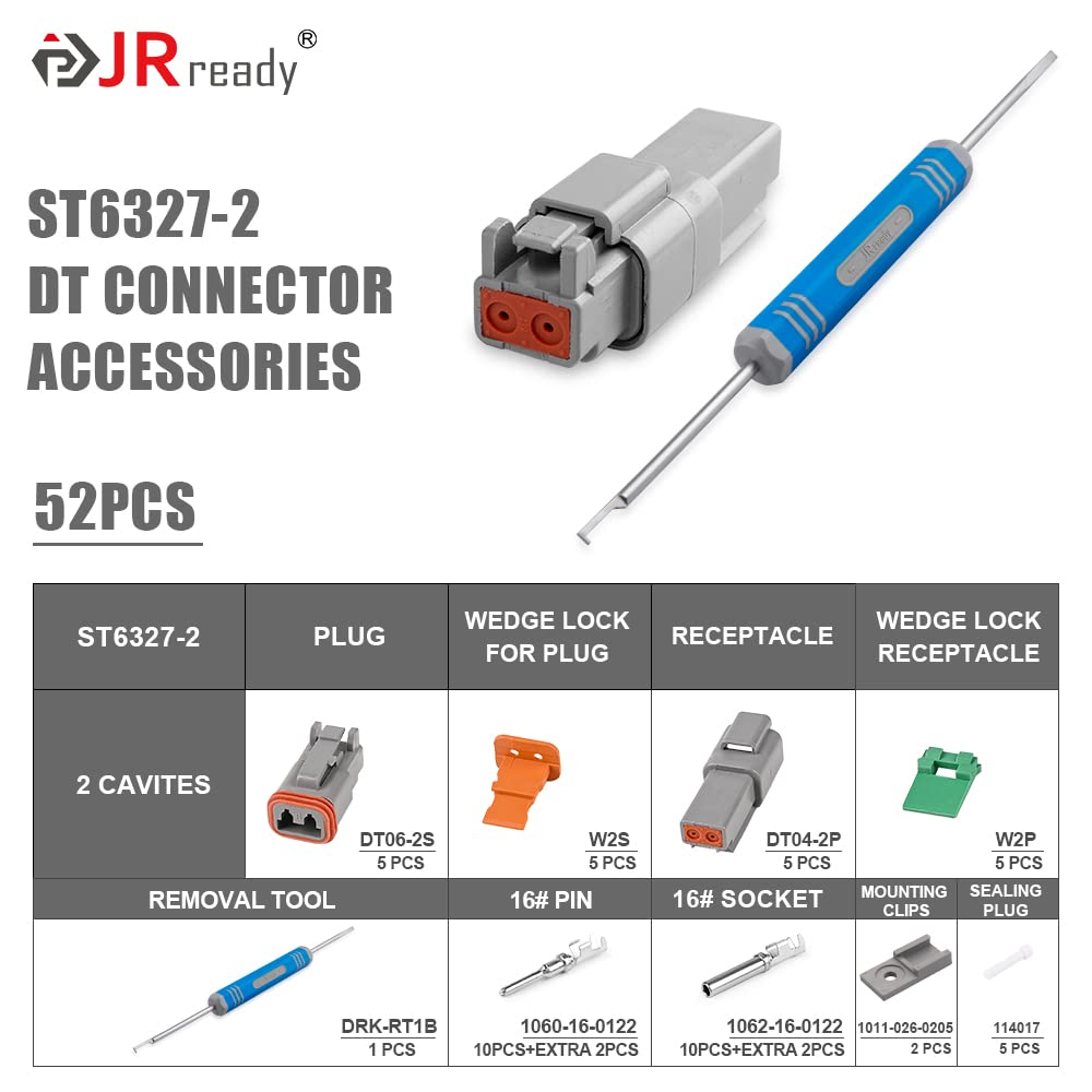 Jrready St6327-2 Deutsch 2 Pin Dt Connector Kit, Gray Waterproof Dt Connector 2 Pin(5 Set), Size 16 Stamped Contacts, Seal Plugs For Car, Truck, Motorcycle, Off-Road Vehicles, Marine.