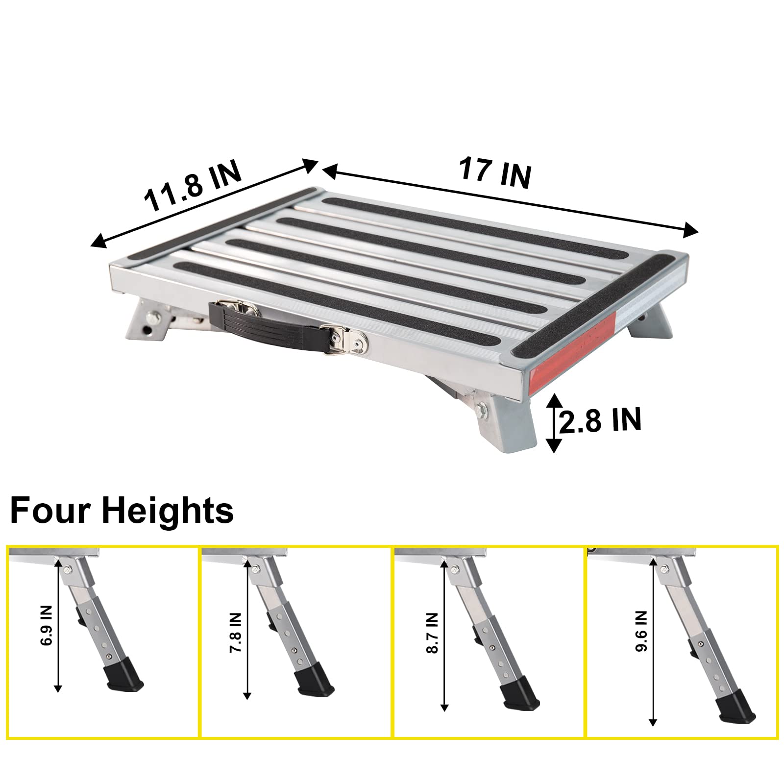 Safety Rv Steps, Yagud Height Adjustable Folding Platform Step With 17 X 12 Anti-Slip Surface, Rubber Feet, Handle, Reflective Strips, And T Level, Aluminum Rv Step Stool Supports Up To 1000Lbs