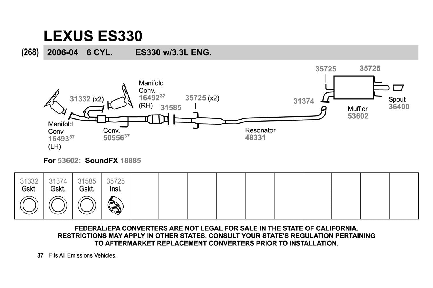 Walker 48331 Direct Fit Exhaust Resonator And Pipe Assembly For Toyota Camry