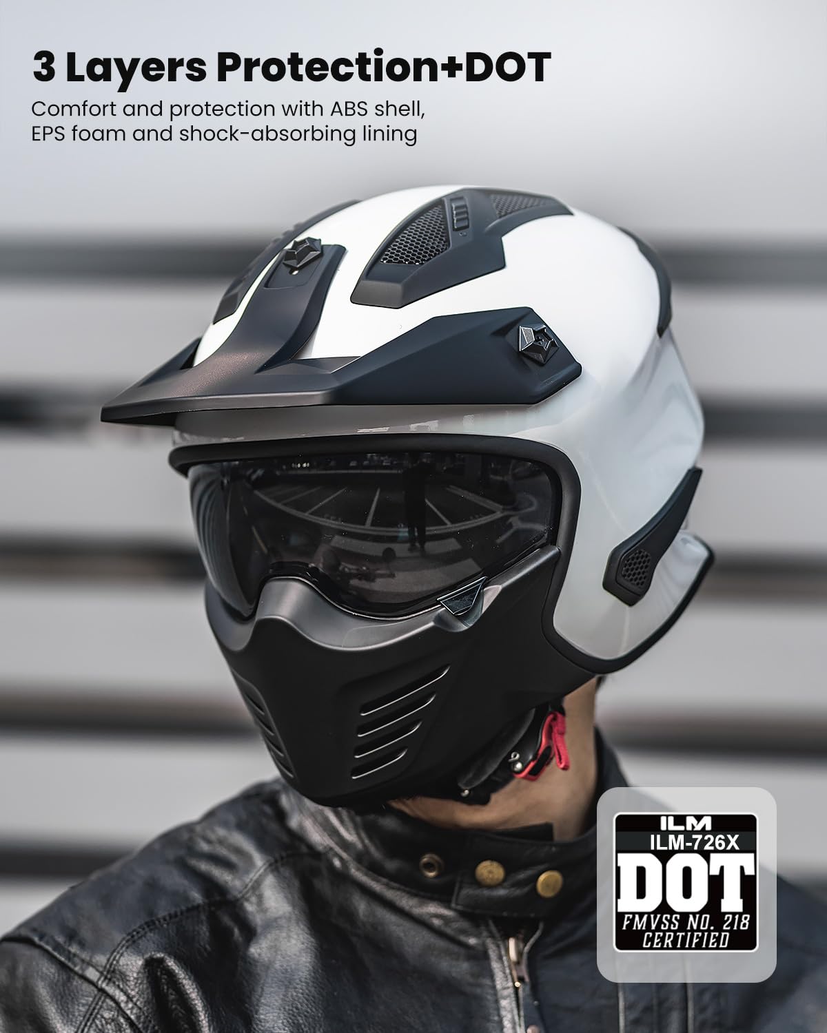 Ilm Open Face Motorcycle 3/4 Half Helmet For Dirt Bike Moped Atv Utv Motocross Cruiser Scooter Dot Model 726X (White,L)