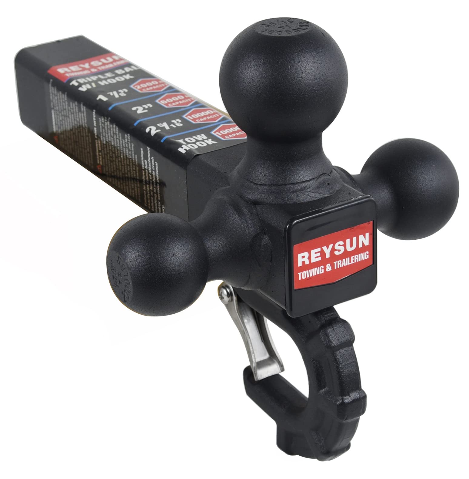 Reysun Trailer Hitch 864011L Tri Ball Mount With Hook, Tactical Tow Hook, Fits 2 Inch Hitch Receiver, Secure With Self-Lock Latc