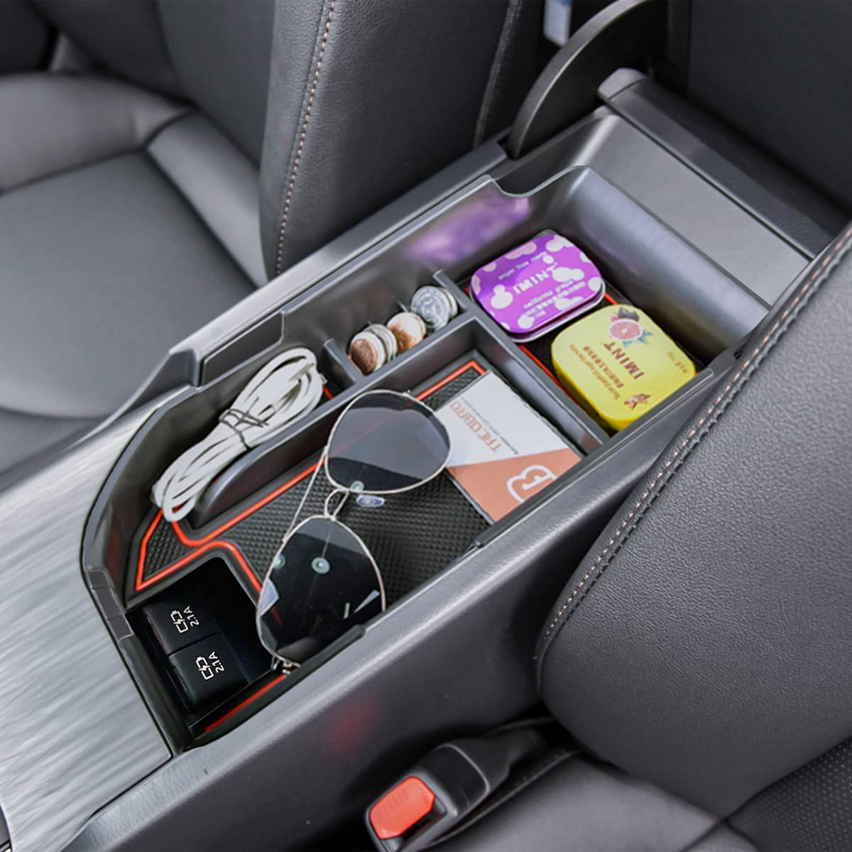 Tacorbo Center Console Organizer Compatible With Camry Xle Xse 2018-2022 2023 And Camry Le Se 2020 2021-22 2023 Insert Tray Accessories, Armrest Secondary Storage Box, Fit Dual Usb Ports, Red Trim