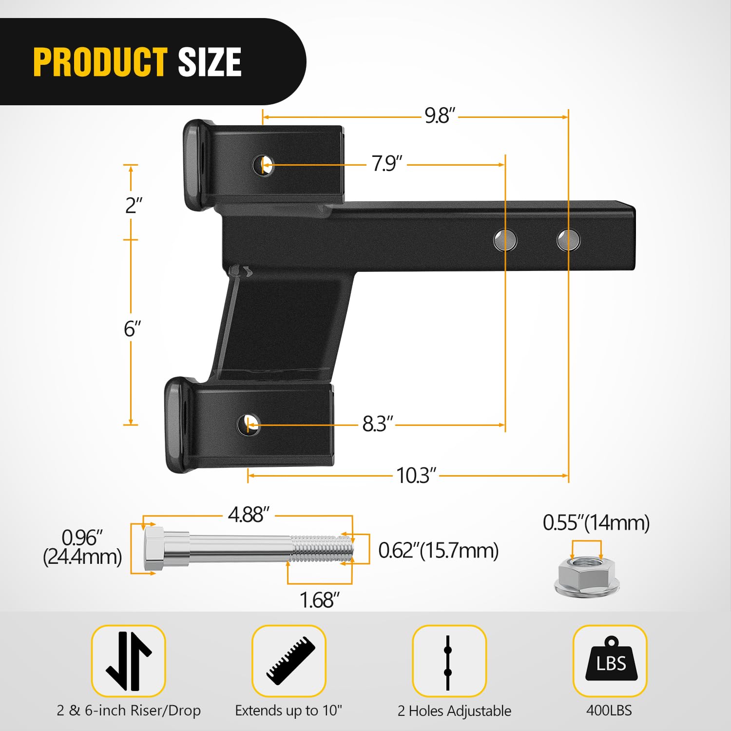 Nilight Dual Hitch Extender for 2" Receiver, 10,000 lbs Capacity, Adjustable 8"-10" Length, Alloy Steel, Matte Black, Model 92169B