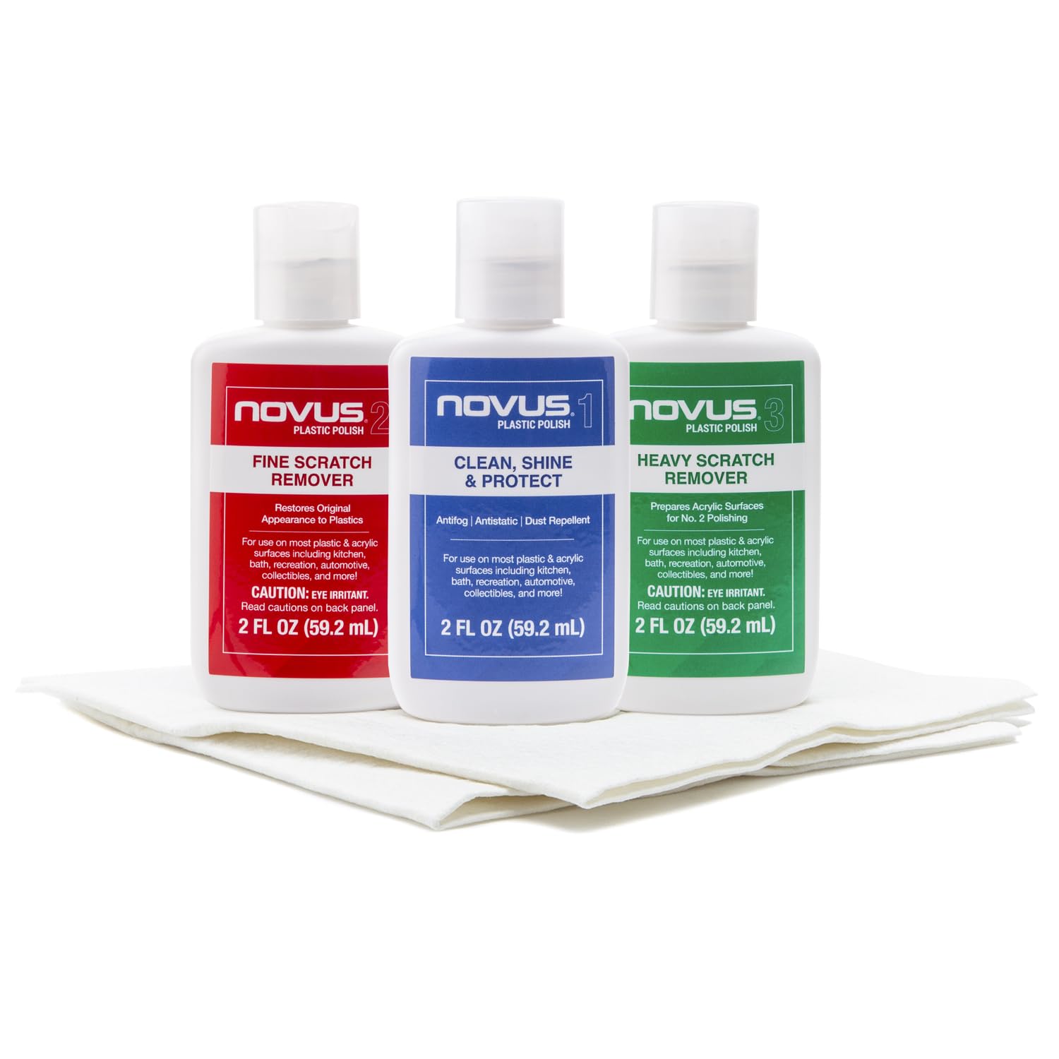 NOVUS-PK1-2 | Plastic Clean & Shine #1, Fine Scratch Remover #2, Heavy Scratch Remover #3 and Polish Mates Pack | 2 Ounce Bottle