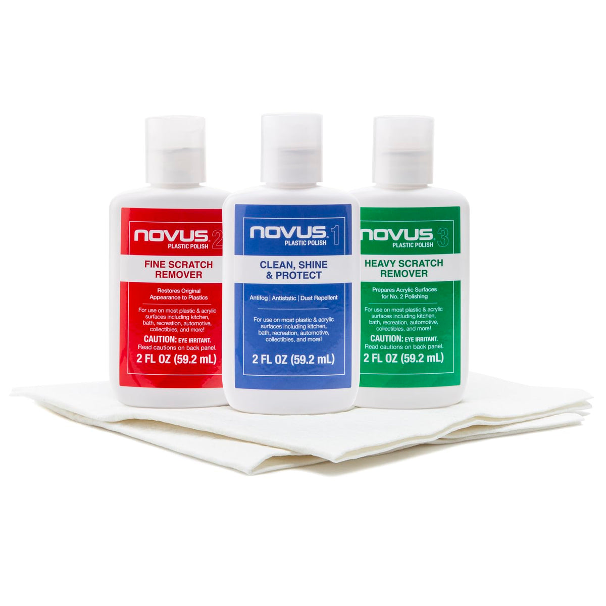 NOVUS-PK1-2 | Plastic Clean & Shine #1, Fine Scratch Remover #2, Heavy Scratch Remover #3 and Polish Mates Pack | 2 Ounce Bottle