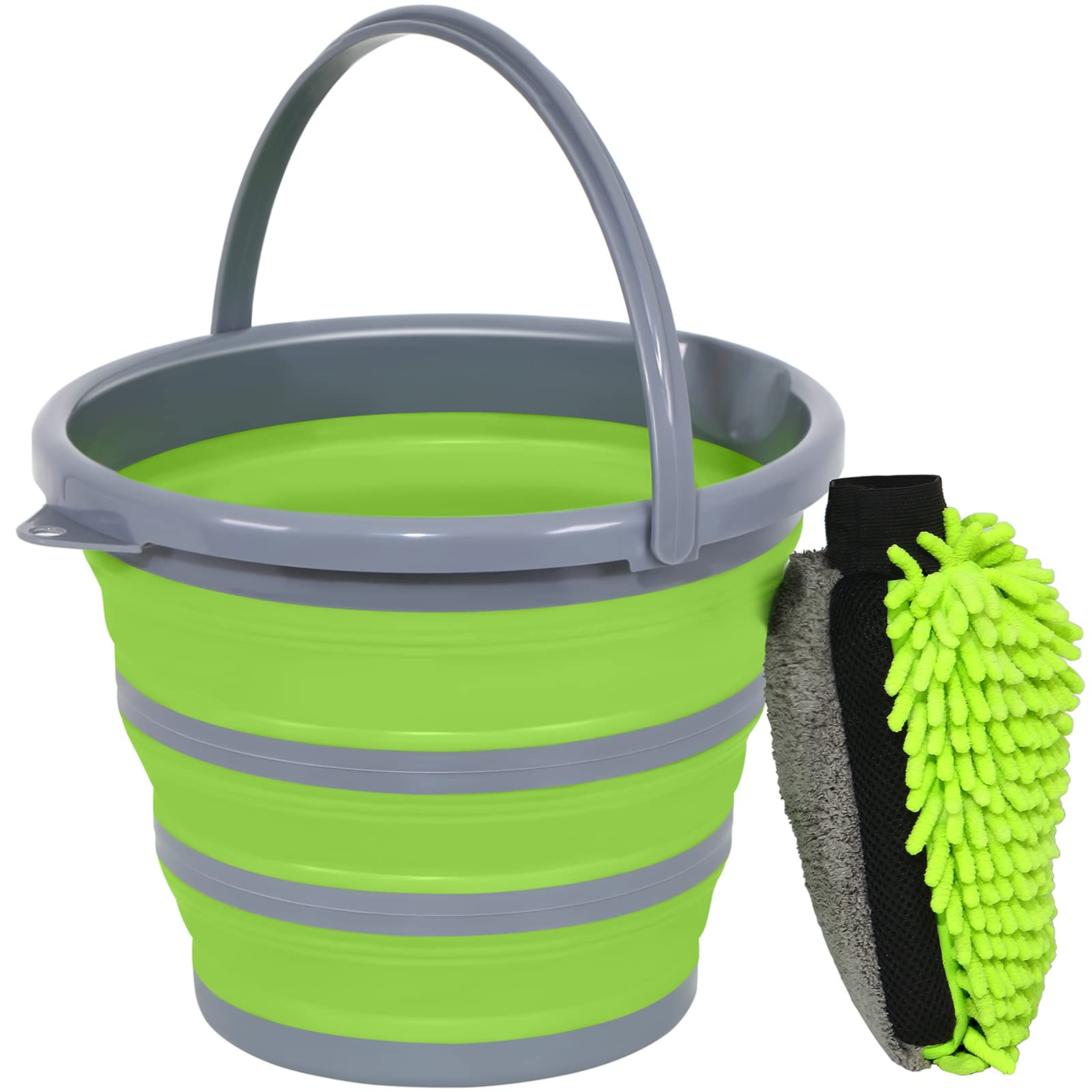Greatcool Collapsible Bucket With 3-In-1 Car Wash Mitt, Coral Velvet + Weave + Chenille Microfiber Glove Sponge, 10L (2.6 Gallon