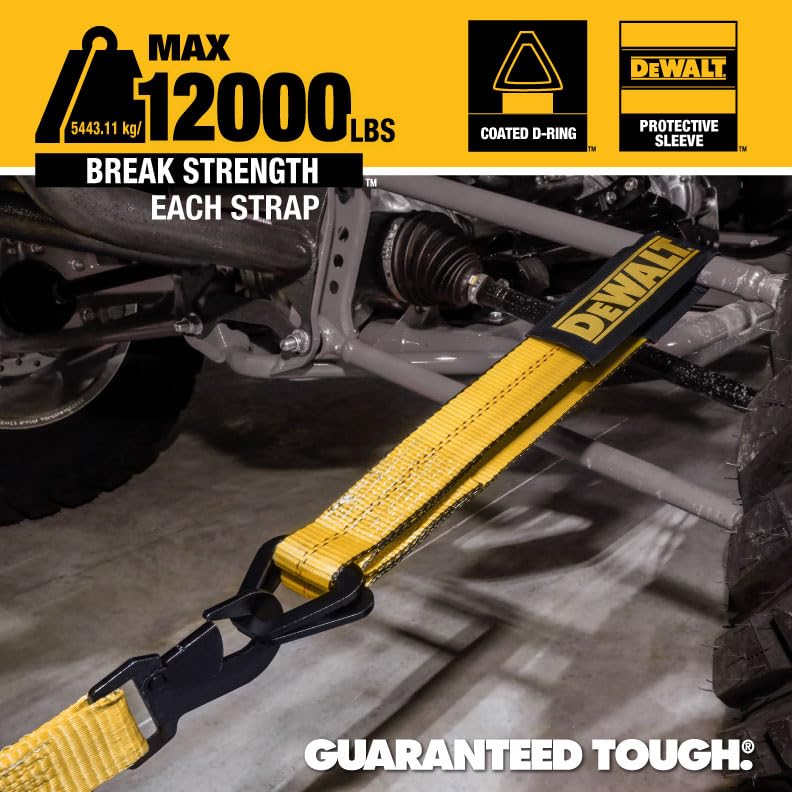 DEWALT DXBC80005 Black/Yellow 2'' x 38'' Premium Axle Tie Down Strap Kit (12,000 lb Break Strength) - Heavy Duty Protective for