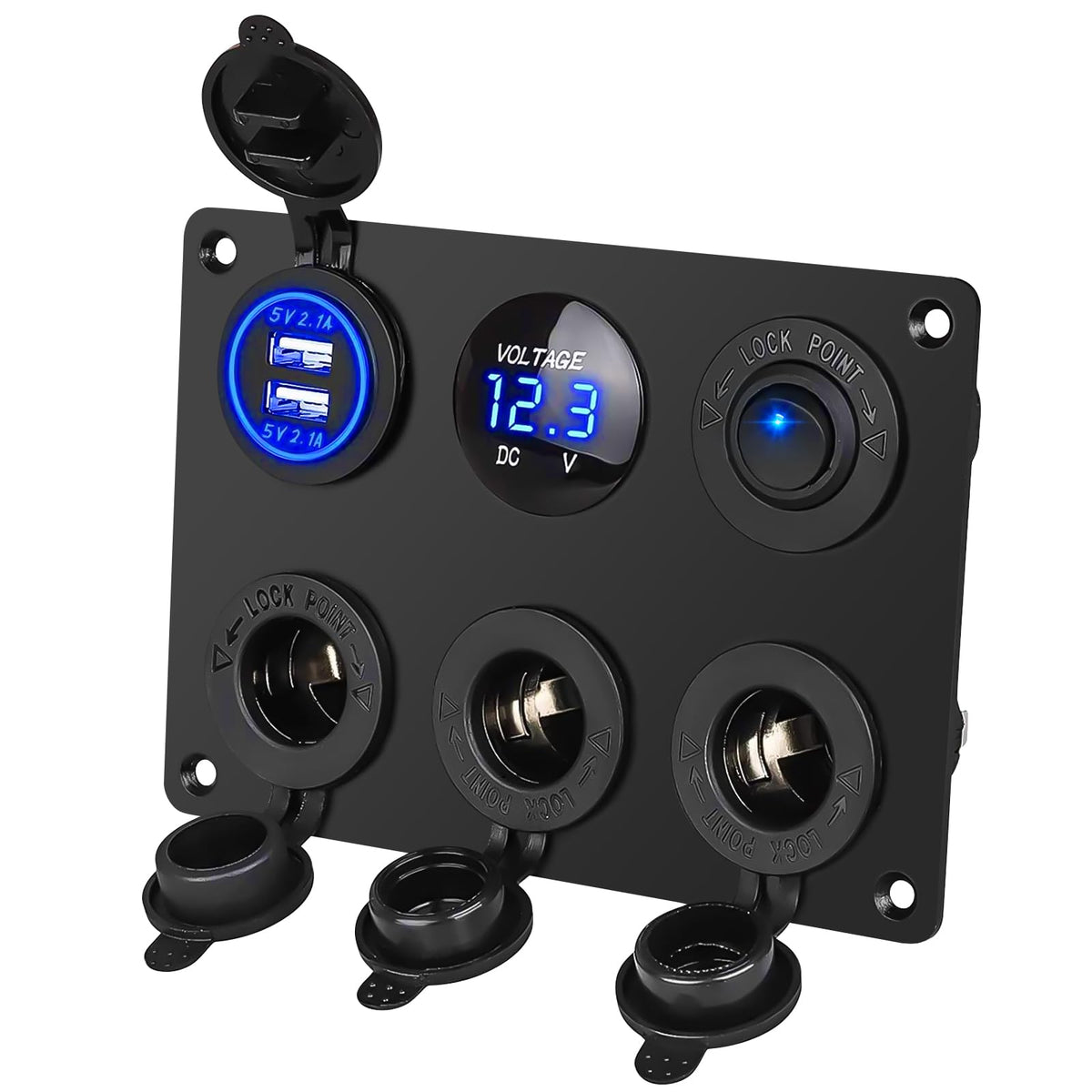 Linkstyle 12V Cigarette Socket Panel, 3 Cigarette Lighter Splitter with Dual USB Charger Port & LED Voltmeter & ON Off Rocker To