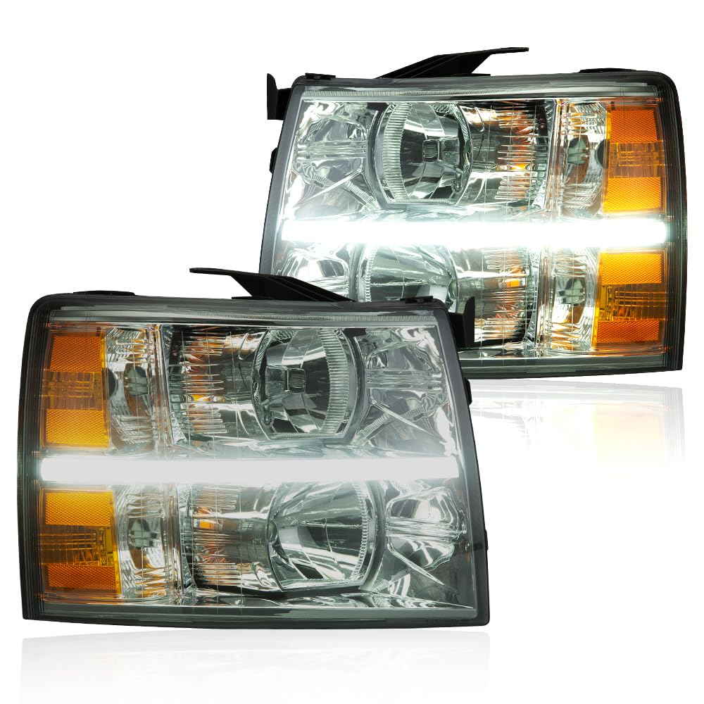 Cheda Led Drl Strip Headlights Compatible With 2007-2013 Chevy Silverado 1500 2500 3500 & Hd (Smoky Lens Chrome Housing Amber Re