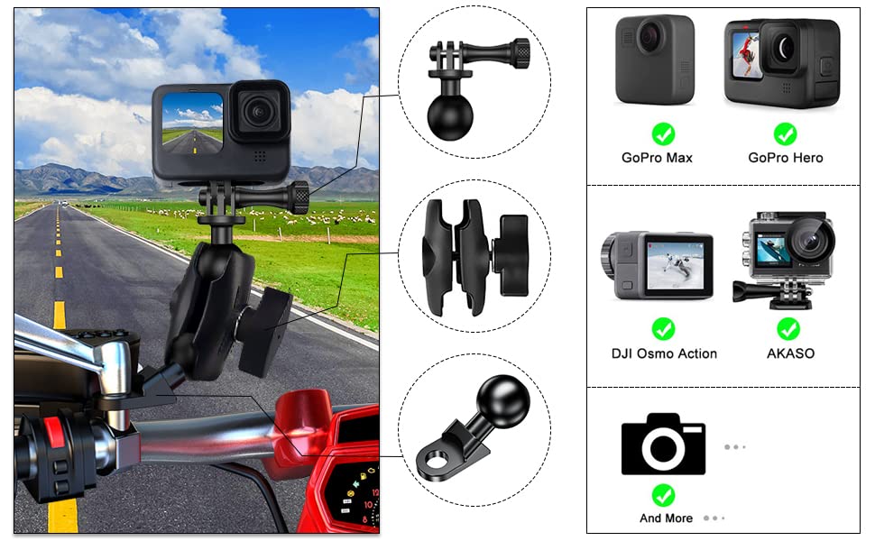 Sptchapn 1'' Aluminum Alloy Mount Base Handlebar Bracket Accessories With 1'' Ball Head And 10Mm Mounting Holder Compatible With