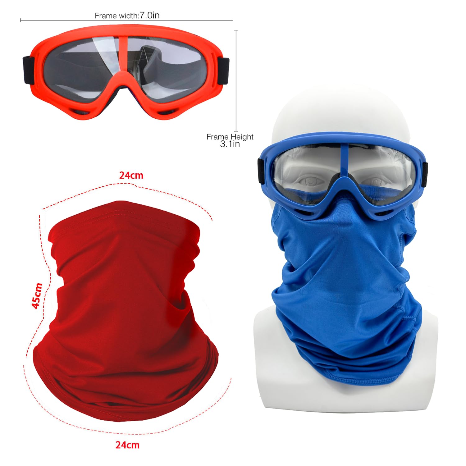 Ljdj Motorcycle Goggles,2 Pack Dirt Bike Atv Motocross Riding Hiking Protective With 2 Pack Neck Breathable Bandana Mask (Red +