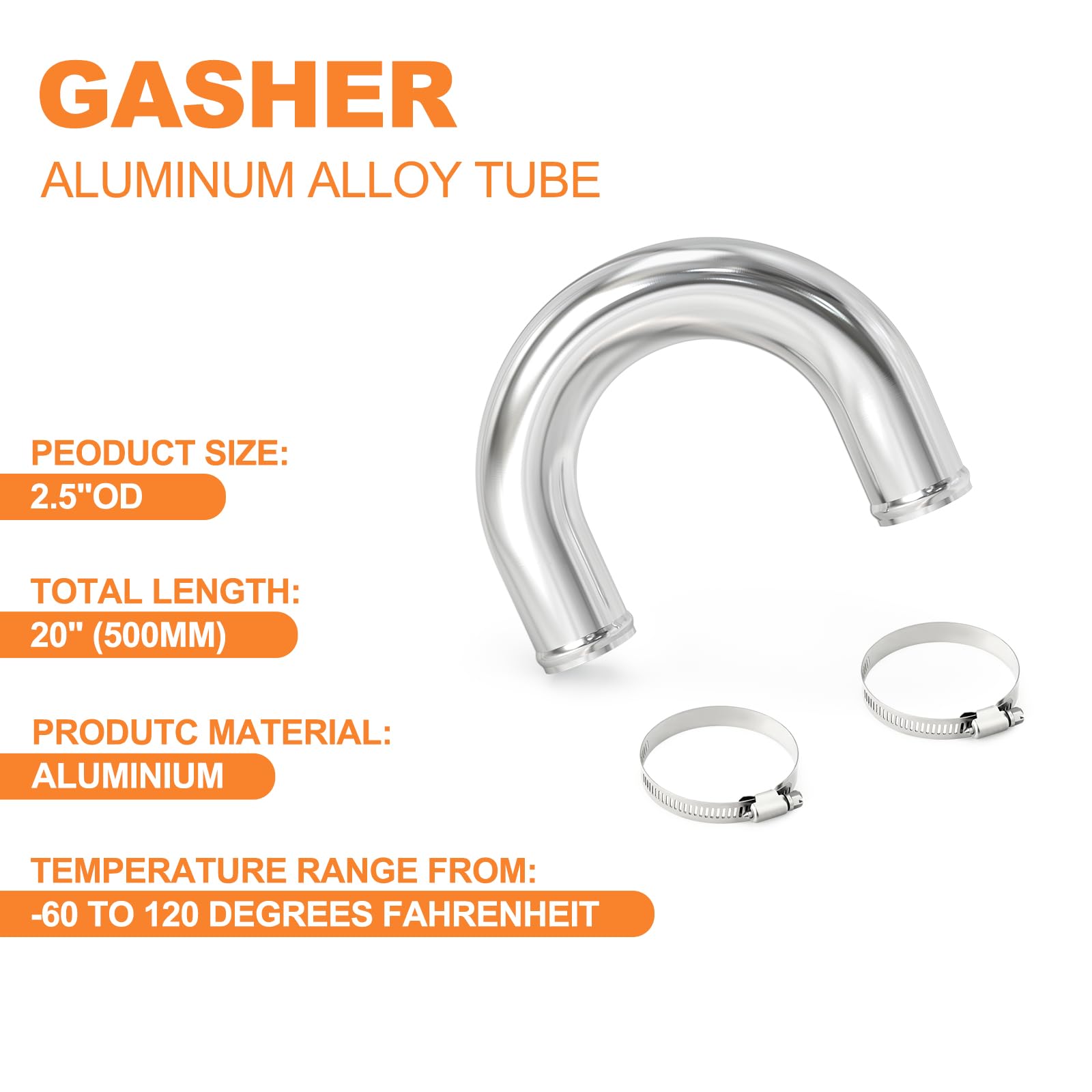 Gasher 1Pcs Intercooler Pipe Aluminum 180 Degree Elbow Alloy Tube 2.5''Od, End To End Lenght 20'' (500Mm) With Bead Roll, For In
