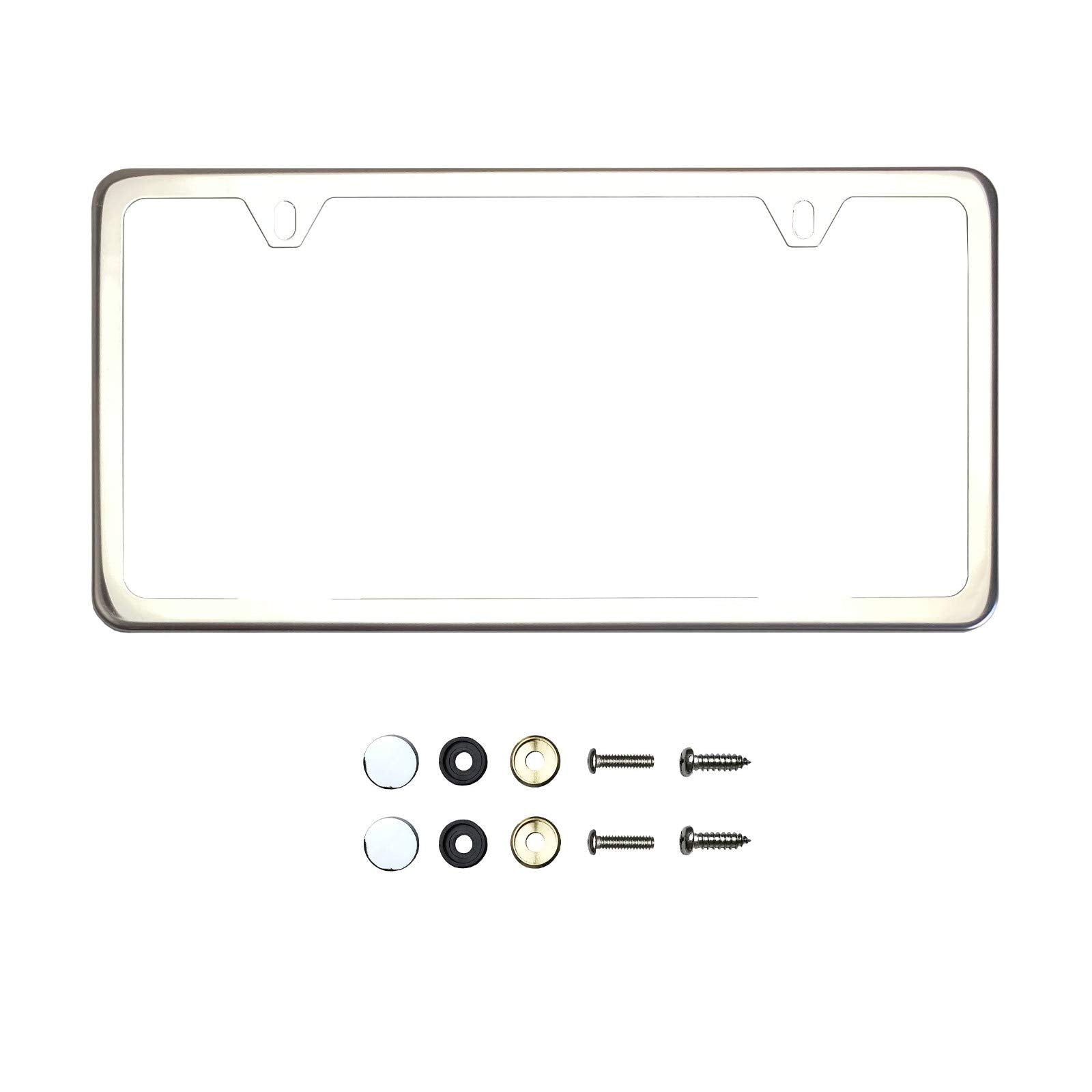 Ka Depot Two Hole Slim Version Chrome Polish Mirror License Plate Frame T304 Stainless Steel + Metal Screw Caps