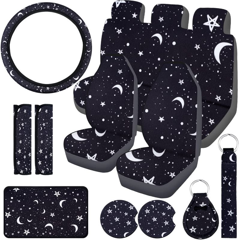 Frienda 15 Pieces Moon and Stars Car Seat Cover Full Set for Women Men Upgrade Thick Front Covers Universal Steering Wheel Separ