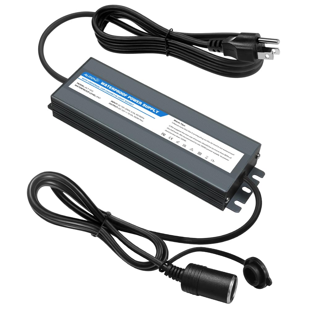 Alitove Ac To Dc Converter 110V To 12V 12.5A 150W Max Outdoor Power Supply 13Ft Ip67 Waterproof Ac/Dc Adapter With Car Cigarette