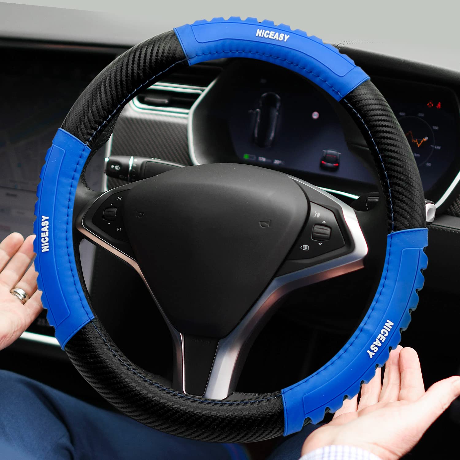 Niceasy Sport Style Black Carbon-Fiber Steering Wheel Cover With Blue Strip Grip Steering Wheel Accessory,Universal Fit 14.5-15.25 Inch Steering Wheel