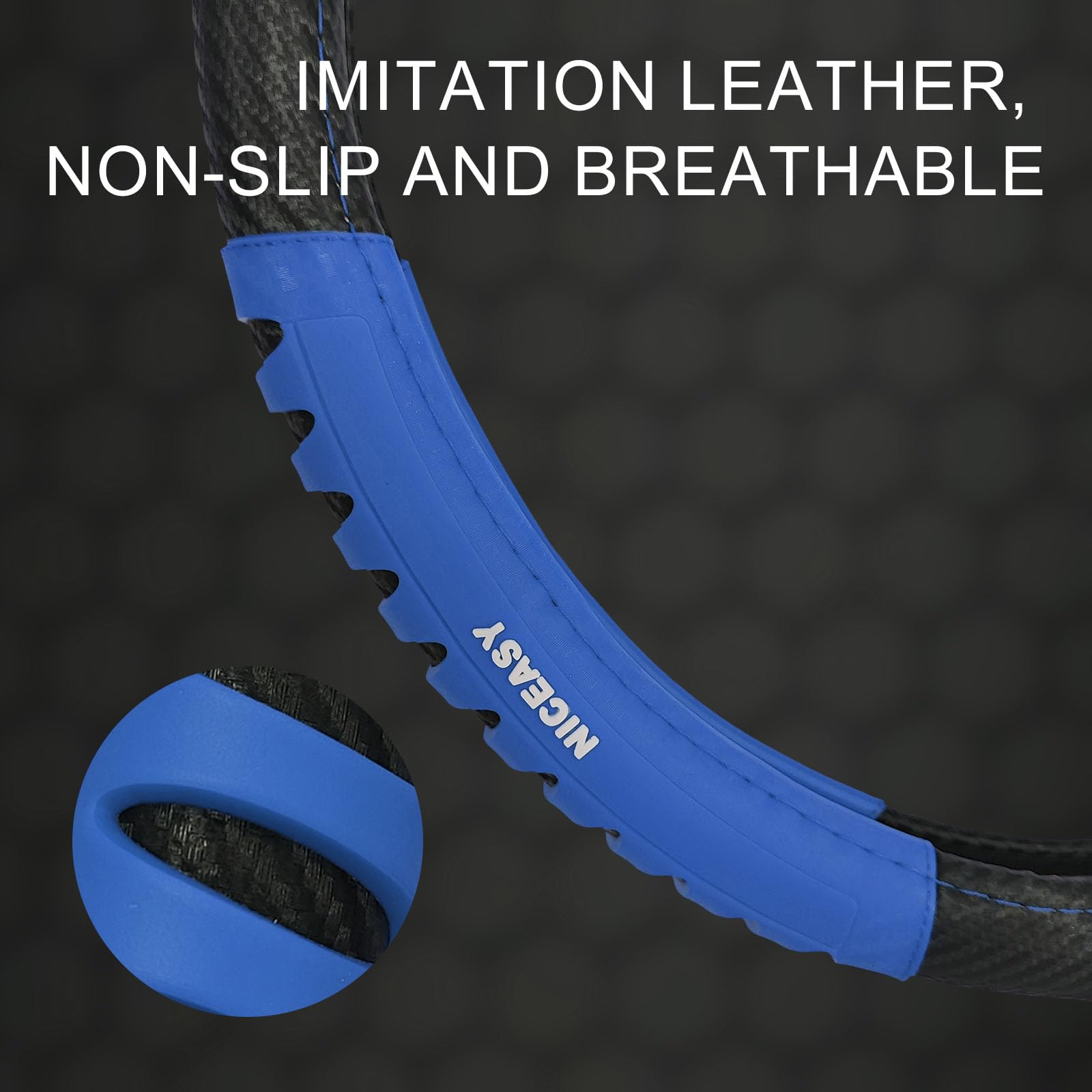Niceasy Sport Style Black Carbon-Fiber Steering Wheel Cover With Blue Strip Grip Steering Wheel Accessory,Universal Fit 14.5-15.25 Inch Steering Wheel