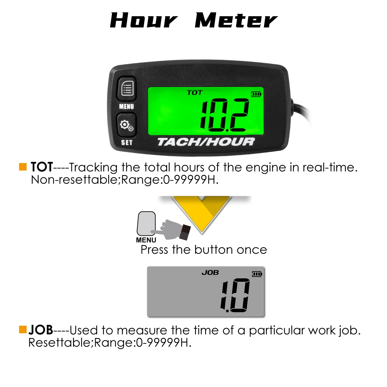 NInE-ROnG Self Powered Digital Tachometer Hour Meter,Inductive Maintenance Waterproof Backlit Shutdown Tach/Hour Meter,Battery R