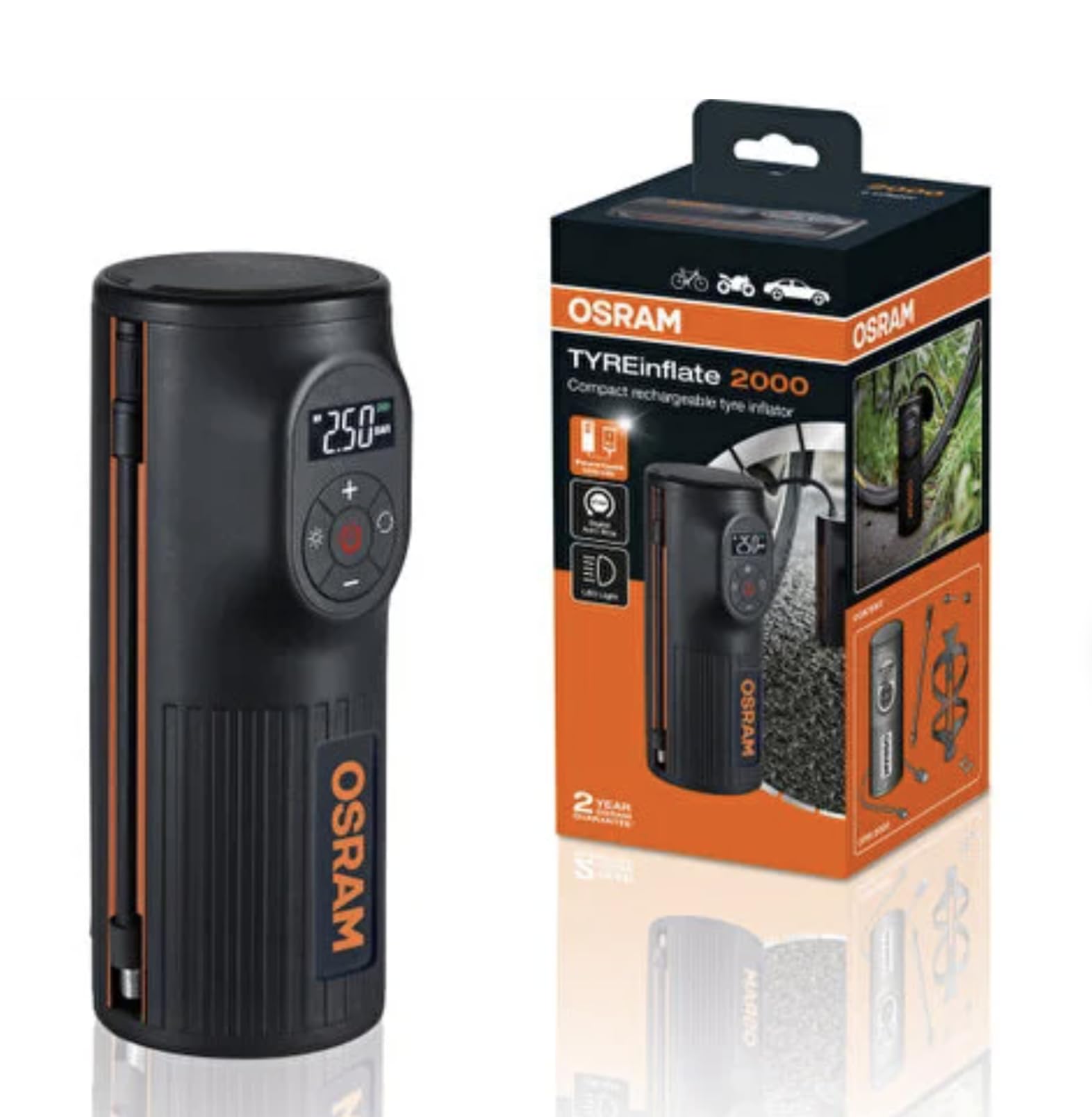 Osram Otir2000 Tyreinflate 2000 Compact Pump With Led Light, Portable Compressor, Power Connection, Tyre Inflation In 2 Minutes, Rechargeable Via Usb, Digital, Mit Auto-Stopp
