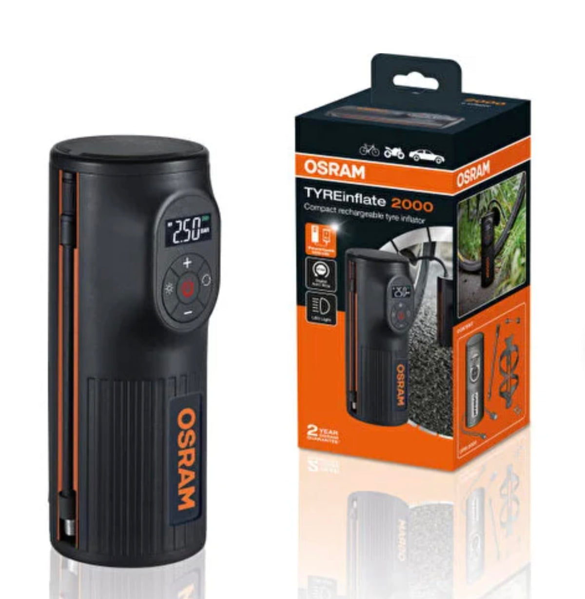 Osram Otir2000 Tyreinflate 2000 Compact Pump With Led Light, Portable Compressor, Power Connection, Tyre Inflation In 2 Minutes, Rechargeable Via Usb, Digital, Mit Auto-Stopp