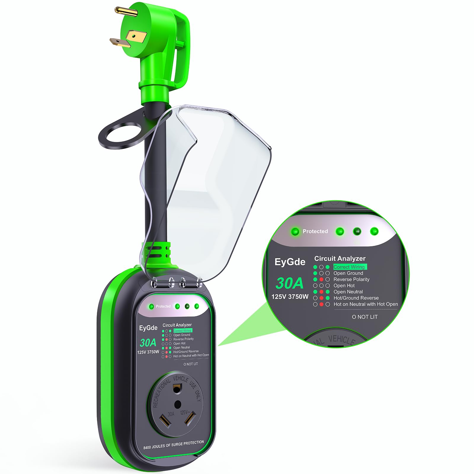 Eygde Rv Surge Protector 30 Amp Waterproof Upgraded 8400 Joules Surge Protector For 30Amp Plug, Voltage Protection With Circuit