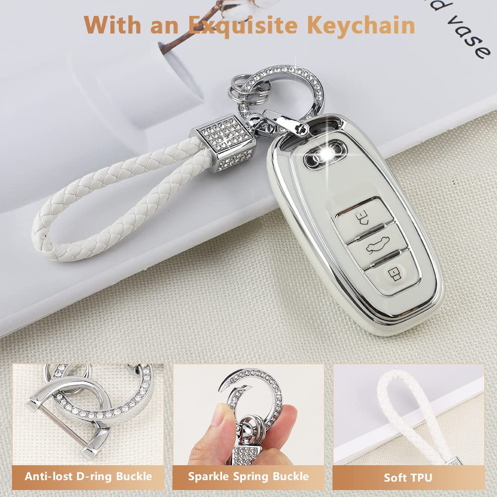 Pifoog Key Fob Cover For Audi 4 Buttons Tpu Soft Keys Case Shell Bling Keychain Car Accessories For Audi Q5 A4 A5 A6 A7 A8 Rs5 Rs7 S4 S5 S6 S7 Sq5 Girly Women White Silver