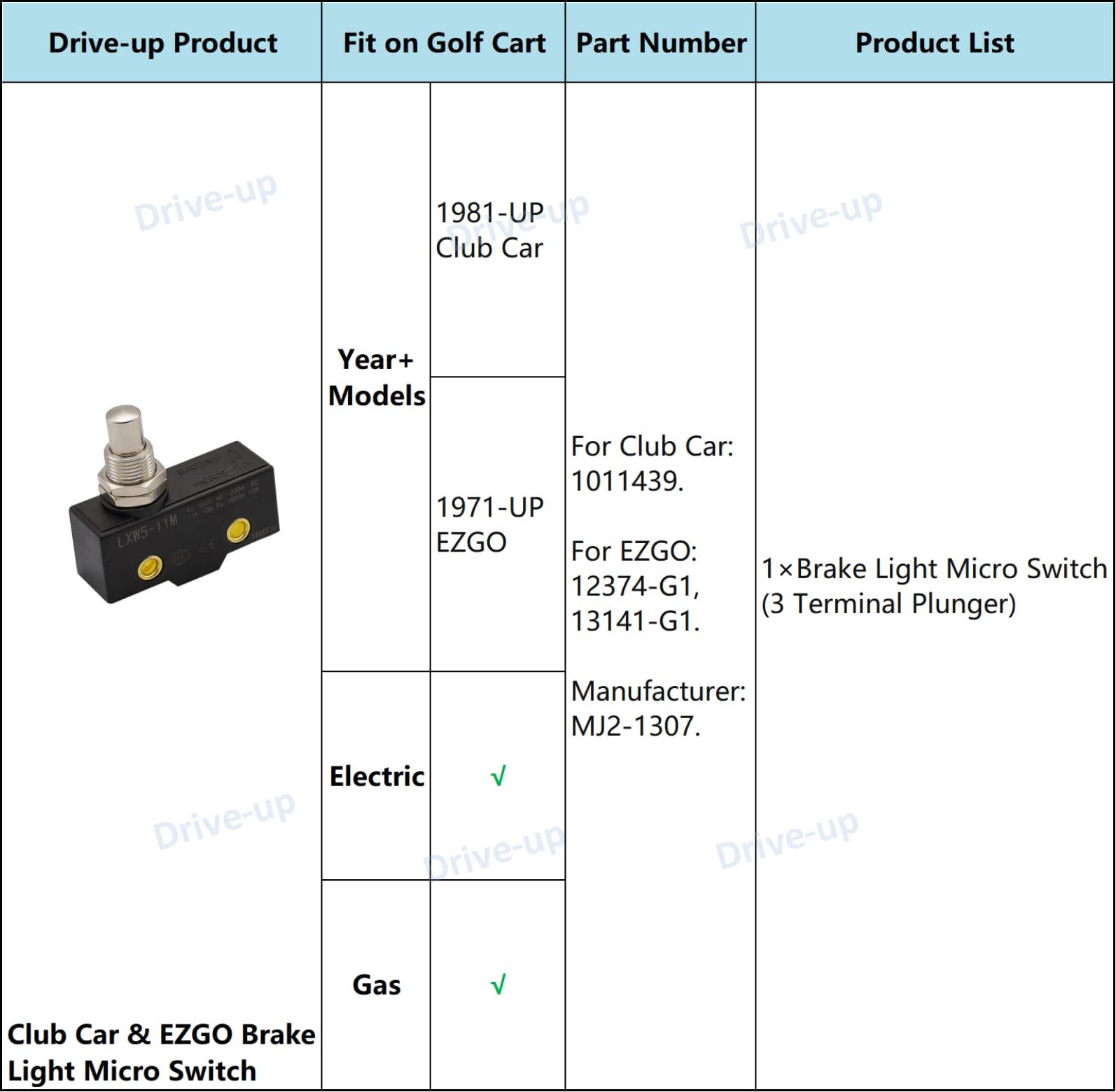 Brake Light Micro Switch 3 Terminal Plunger Fits Club Car And Ezgo Oem# 12374 G1 13141G1 1011439