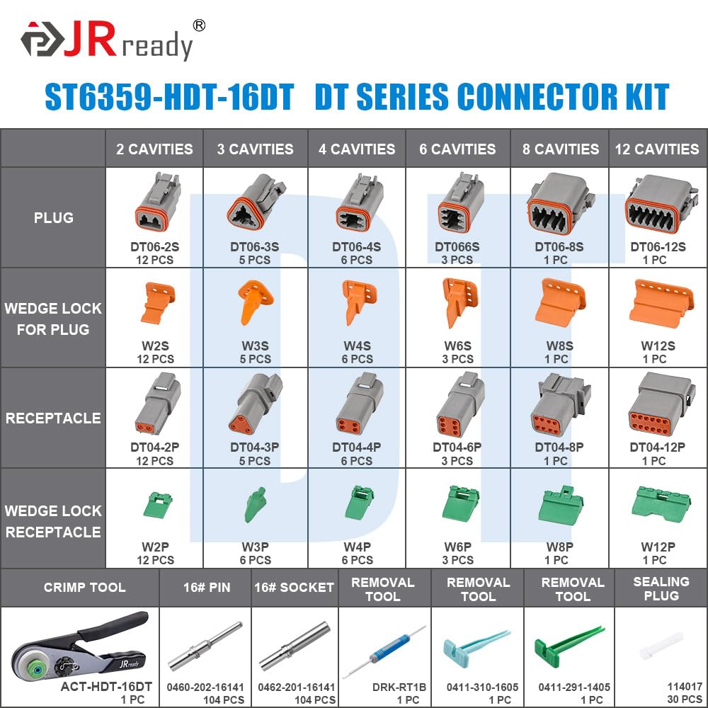 Jrready St6359 Deutsch Connector Kit, 2 3 4 6 8 12 Pin Dt Connectors, Size 16 Solid Contacts 16-20Awg, Deutsch Crimp Tool, Deuts
