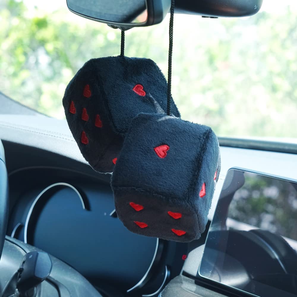 Pair 3    Fuzzy Plush Dice Heart Shape Decor For Car Rearview Mirror, Retro Square Decoration Dice For Car Hanging Accessories (
